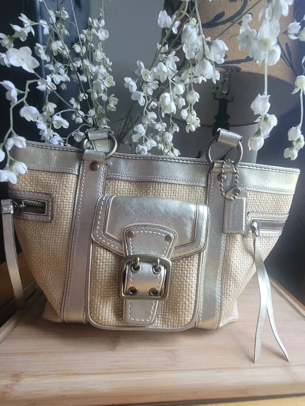 Coach Straw Tote with Metallic Gold Trim Y2K Vintage